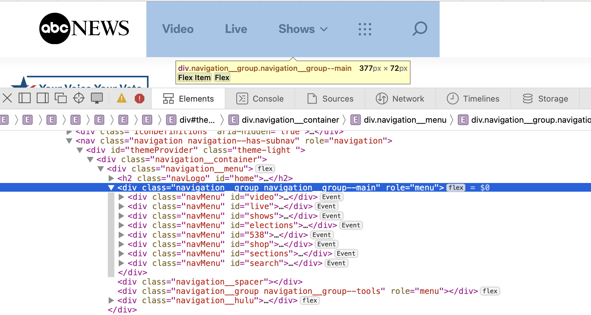 Page navigation containing links like 'Video', 'Live', 'Shows'. The code inspector is open, and shows that the div containing these elements has been given a role='menu'