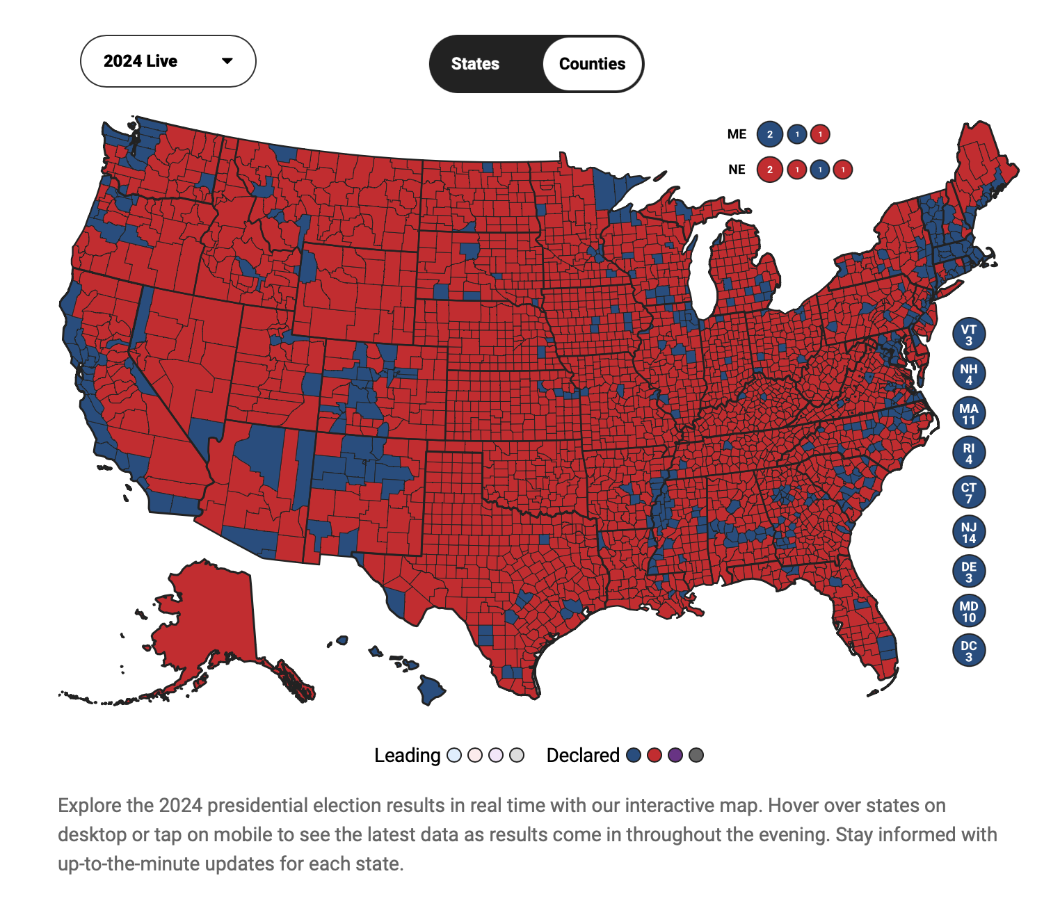 Map of the US election results, with counties being colored in dark red or dark blue according to who won. Underneath the map is a text description explaining that more info can be shown by hovering or tabbing on the states.