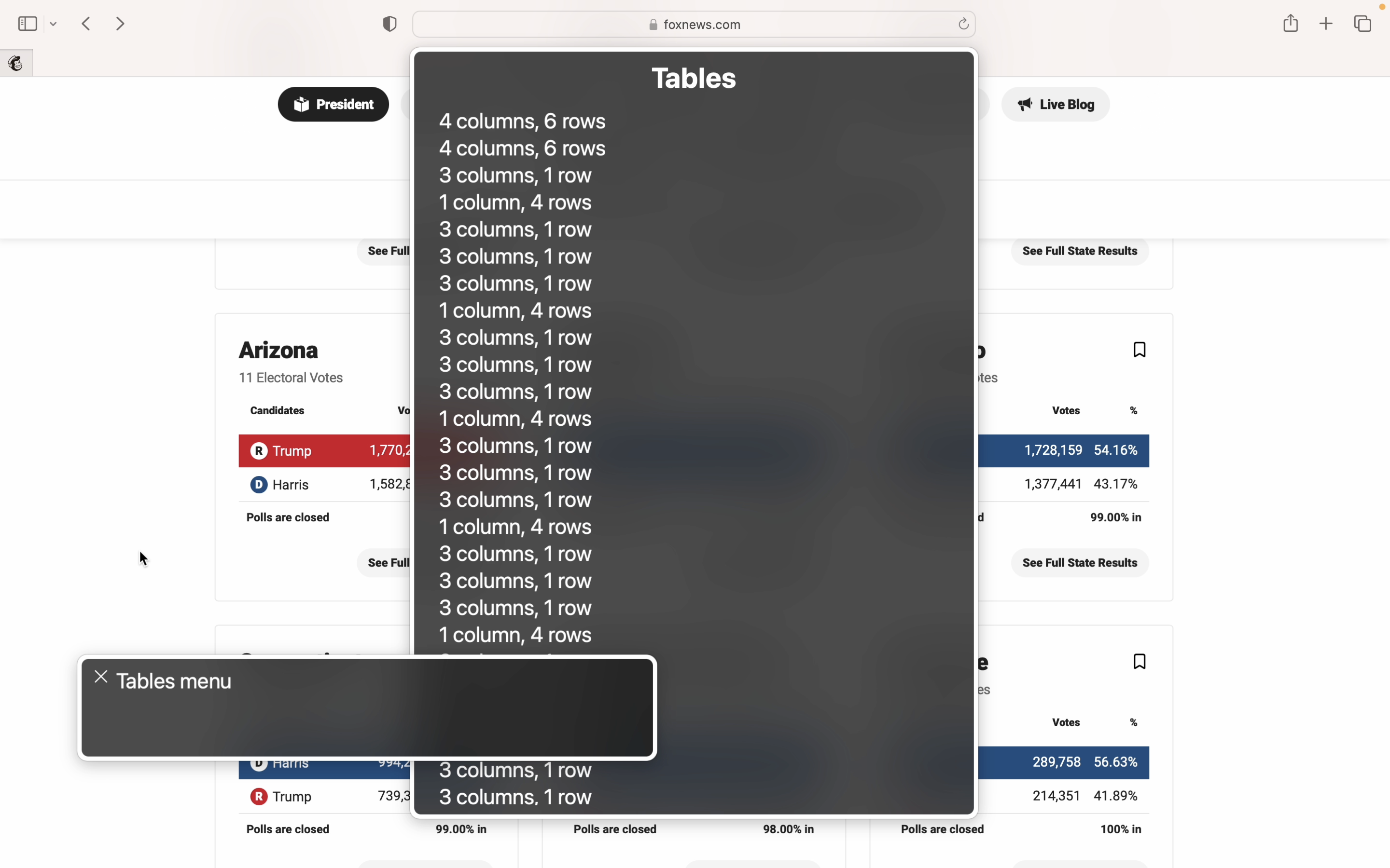 VoiceOver screenshot, showing the tables menu with a long list of unnamed tables, all along the lines of: '3 columns, 1 row' and '1 column, 4 rows'