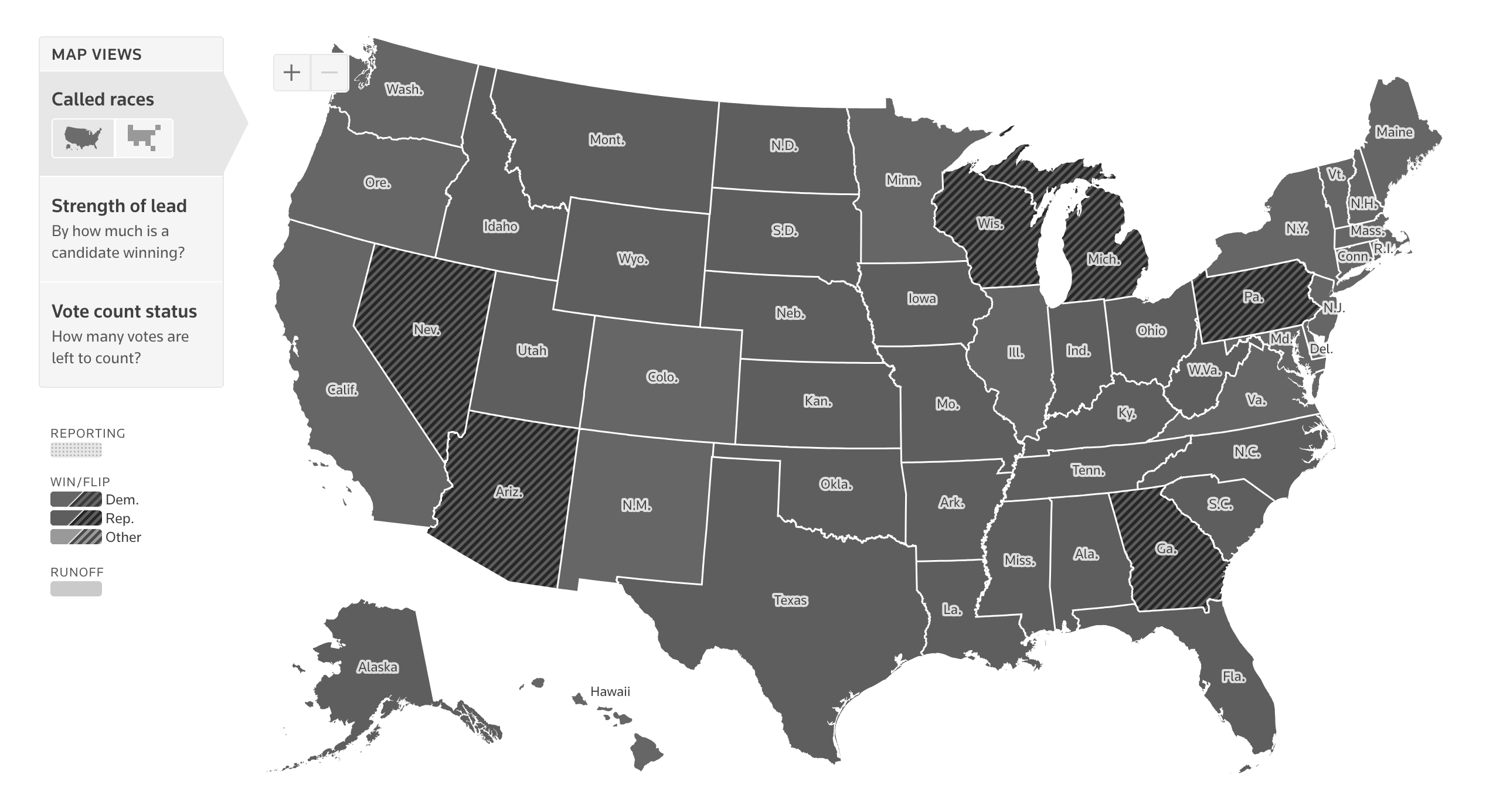 Color blind simulation of the map of the United Stated with the election results. All the states are medium gray, with barely any difference in contrast (republican and democrat are the same gray), making it impossible to read the results.