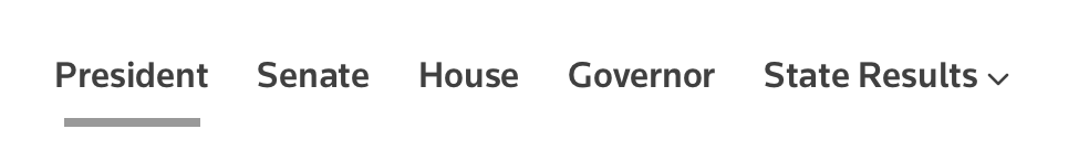 Page navigation with items that look like links: President (underlined), senate, house, governor, state results